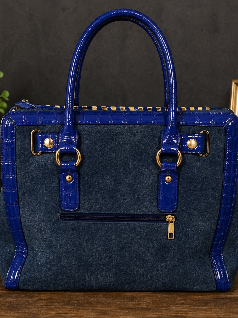 Blue & Black Designer-Style Satchel Handbag – Gold Tone Hardware – Unbranded